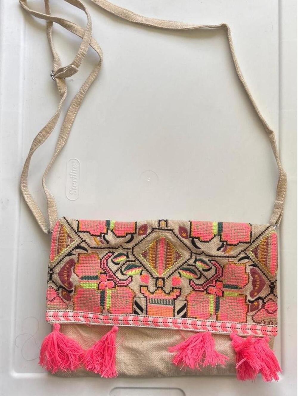 Boho embroidered crossbody clutch with neon tassels | festival bag